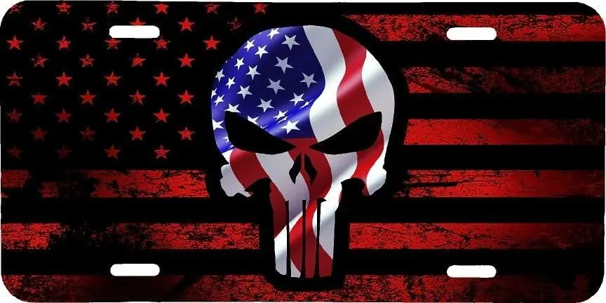Front License Plate for Distressed RED American Flag with for Fans Skull Vehicle License Plate AUTO CAR Design-RSTvLX-988-57