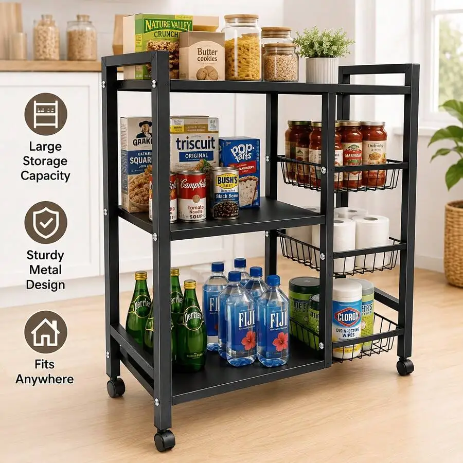 1pc Mobile Storage Rack, Adjustable 4-Tier Kitchen Shelving Unit With 3 Wire Baskets, Kitchen Storage Organizer, Wheeled Metal Shelf, Suitable For Garage, Pantry, Bathroom And Closet, Perfect Warm Housewarming Gift For New Homes view 6