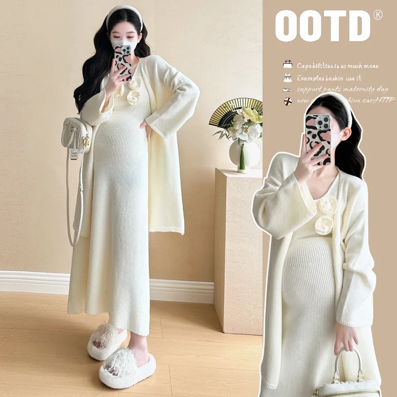 マタニティセット 秋 プレミアム ニット カーディガン 花柄 サスペンダー ドレス スリム フィット ツーピース 衣装 ファッショナブルな妊婦用