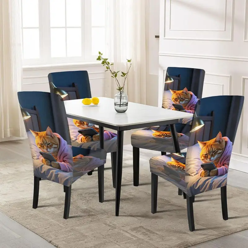 

2D flat print Parsons chair cover tabby cat pattern, restaurant chair cover removable and washable, suitable for hotels banquets