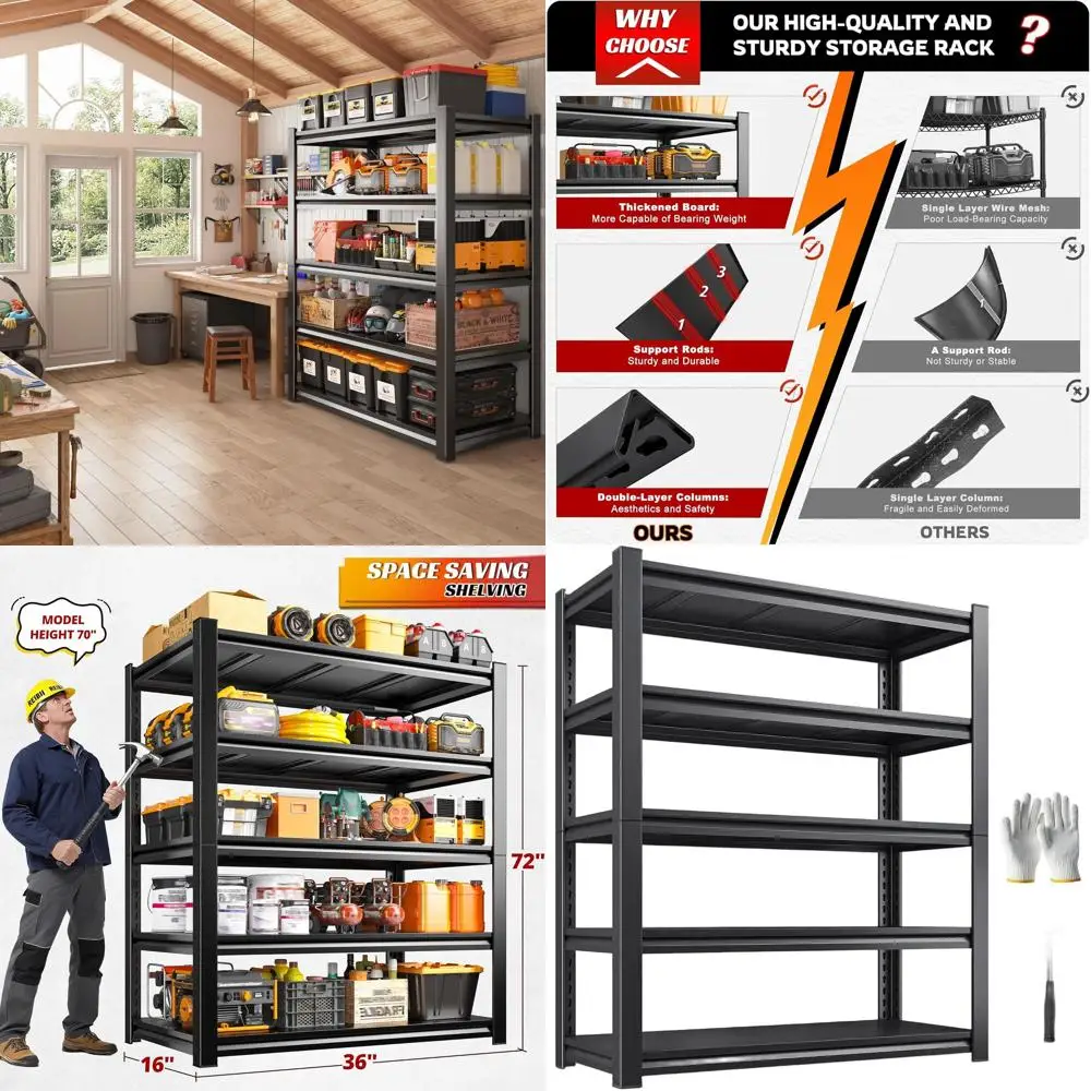 

Adjustable 5-Tier Metal Storage Shelves, 3000 lbs Capacity, 72H x 36W x 16D for Garage, Basement, Kitchen, Pantry, Commercial Us