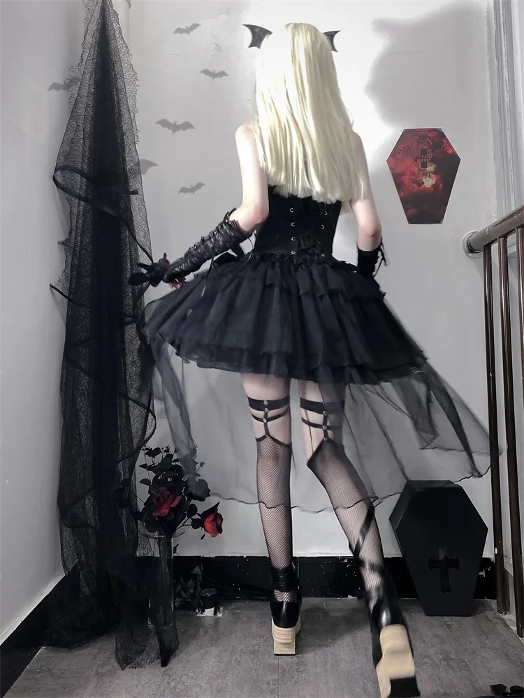 Robe courte noire à bretelles pour femmes, sous-culture originale, Halloween Cos Lolita, Jsk, coupe cintrée, élégante, rétro, été