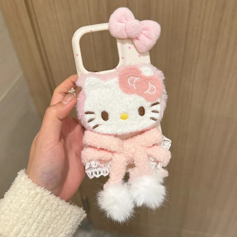 New Cute Sanrio Hello Kitty Plush iPhone 16ProMax Case Kawaii Anime IPhone15Pro 13 Women 12 Soft Cover 14 Hand Strap Cases Y2k