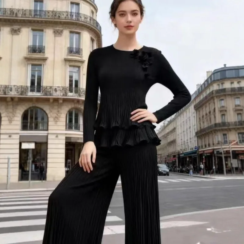 Miyake geplooid broekpak plus size set 2025 herfst nieuwe plisse mode volant top en wijde pijpen broek dames vouw 2-delige set