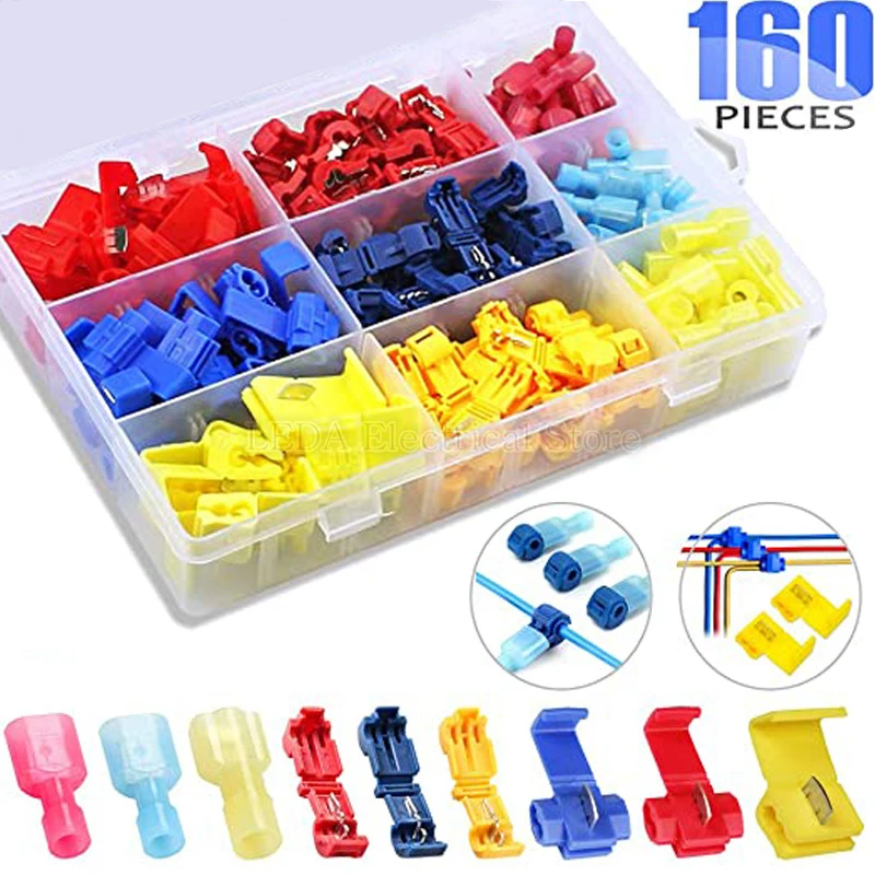 

160Pcs Male MDFN+T1 T2 T3 NYLON Quick Splice Wire Connectors Terminals Crimp Electrical Car Insulated Spade Joint Cable