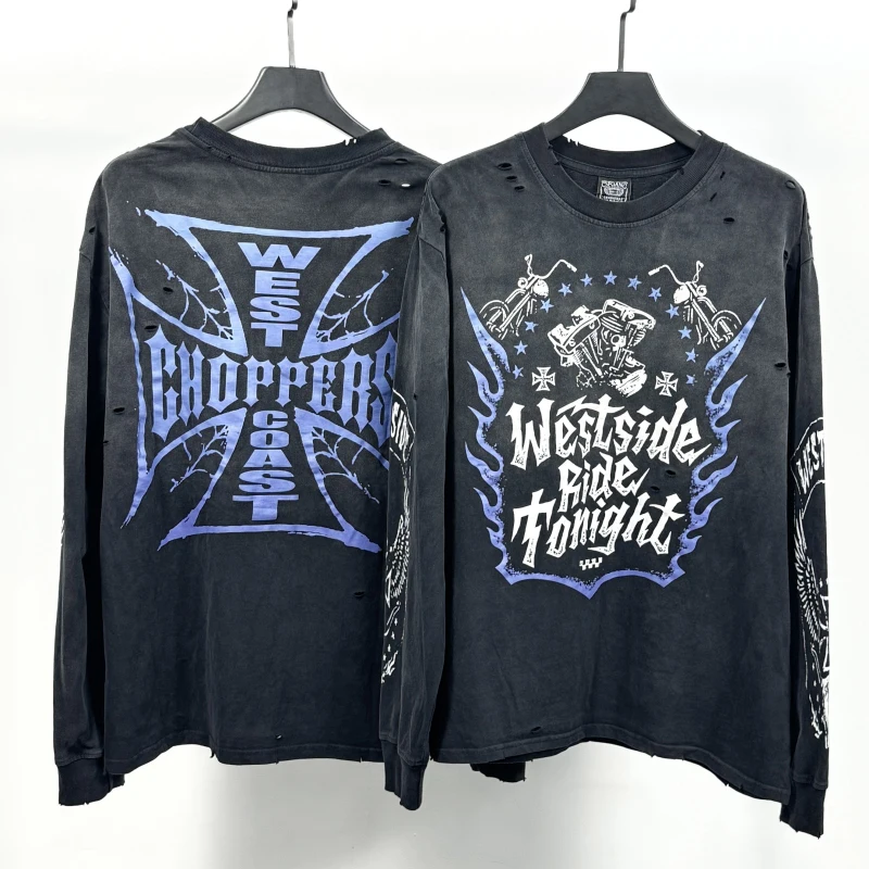 

Постиранная футболка с длинным рукавом на Западном побережье для мужчин и женщин, лучшее качество, потертые топы большого размера, футболка