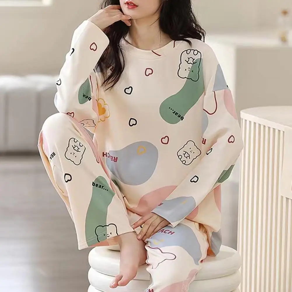 Trendy Pajamas Set Anti Pilling Blouse Pants Set Mid-Rise Girls Cartoon Print Pullover Blouse Long Pants Set Sleeping