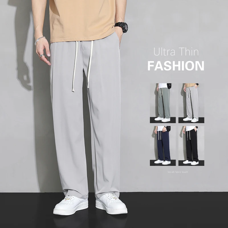 

2023 Summer Ultra-thin Men's Pants Baggy Straight Quick Dry Ice Silk Drape Fashion Casual Trousers Comfortable Elastic Waist