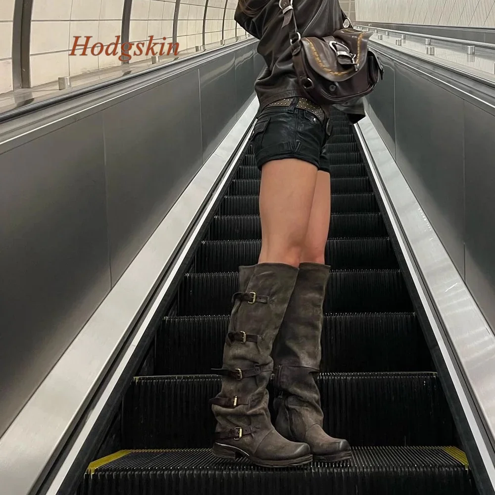 Sewing Denim Round Toe Women Boots Belt Buckle Platform Knee High Pleated Boots Solid Slip On Fashion Casual Comfortable Boots