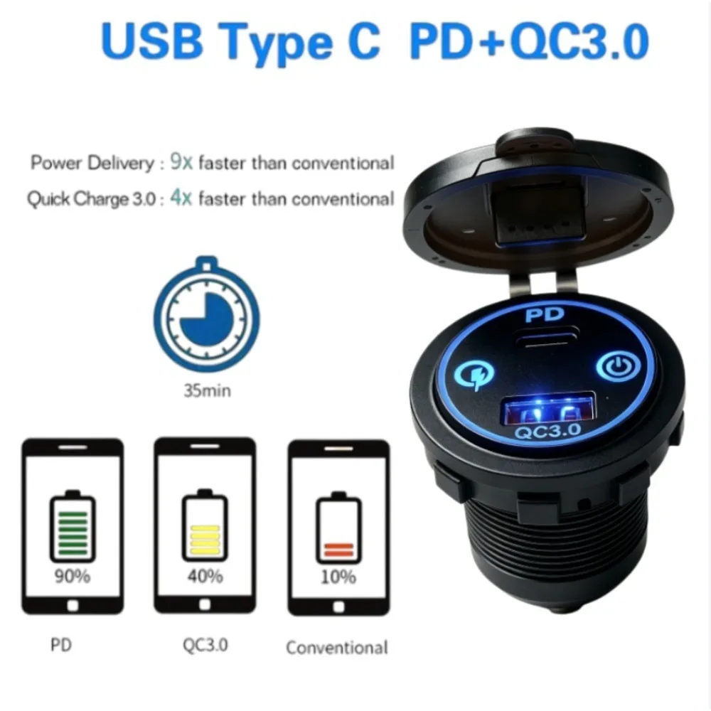48W PD QC3.0 Dual Fast Charge Embedded Charger Socket Blue LED Ring Waterproof 12V 24V With Switch For Motorbike Truck MarineATV