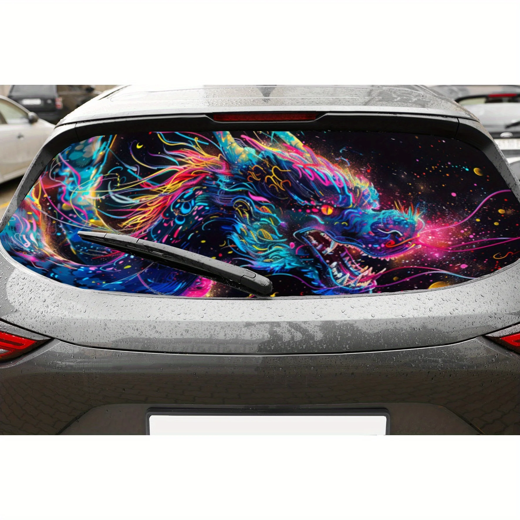 Fantasy Dragon in Colorful Sparks Car Rear Window Vinyl Wraps, Waterproof Self-adhesive Car Vinyl Wraps, Surface Protection, Per