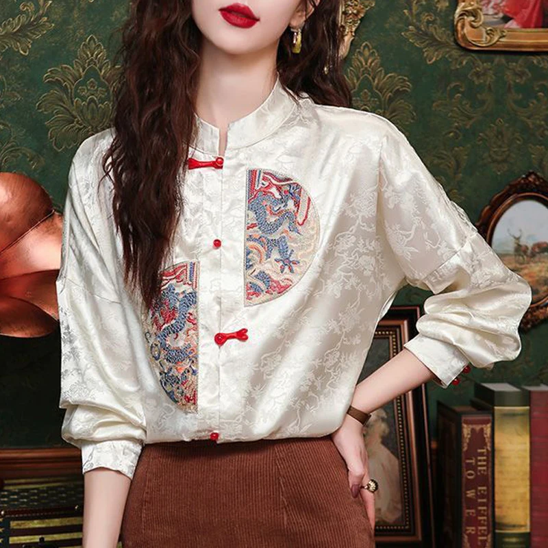 

2024 Spring Women Satin Vintage Chinese Ethnic Style Embroidery Shirts Elegant Chic Stand Collar Blouses Long Sleeve Loose Tops