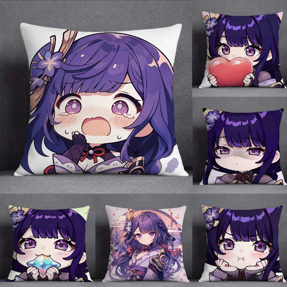Raiden Shogun Genshin Impact Cute Cushion Cover Square Double-Sided Printing Sofa Cushion Cover Pillowcase Bedroom Bedside
