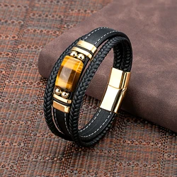 New Vintage Wind Large Semicircle Natural Tiger Eye Stainless Steel Casual Collocation 3-Layer Black Leather Rope Mens Bracelet