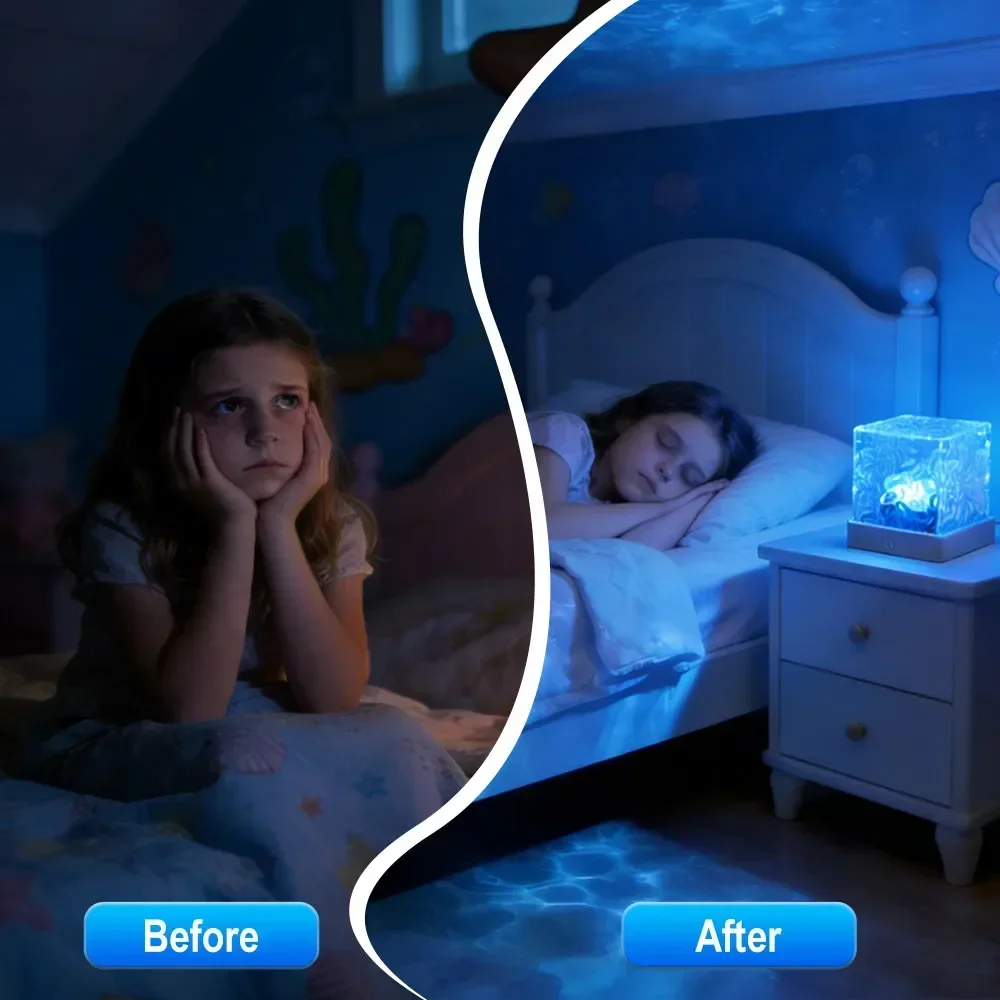 BORUiT Square Water Ripple Projector Night Light 16 Colors RGB Ambience Lamp Touch & Remote Control Type-C Rechargeable Bedroom