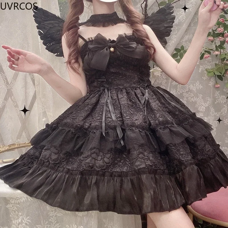Dark Gothic Lolita Jsk Dress Women Harajuku Kawaii Bow Lace Bandage Princess Slip Dresses Girl Sweet Cute Y2k Party Mini Vestido