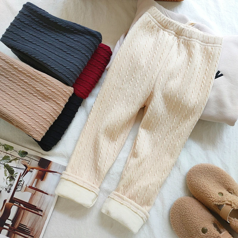 Knitted Kids Pants Plus Velvet Thicken Warm Elasticity Girls Leggings Children's Bootcuts for Autumn Winter