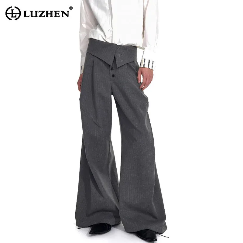 

LUZHEN Double Layer Patchwork Waist Hemline Design Wide Leg Trousers Men's 2025 Solid Color Handsome Street Casual Pants JY4307