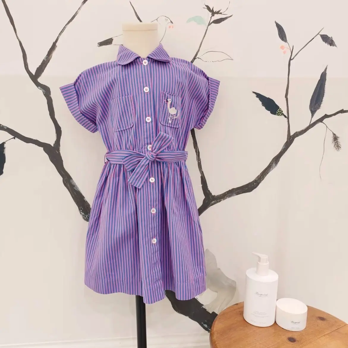 Girls' Dress 2026 Summer New Purple Printed Striped Children's Shirt Skirt Cotton Temperament Waist Cinched Girls' A-line Dress
