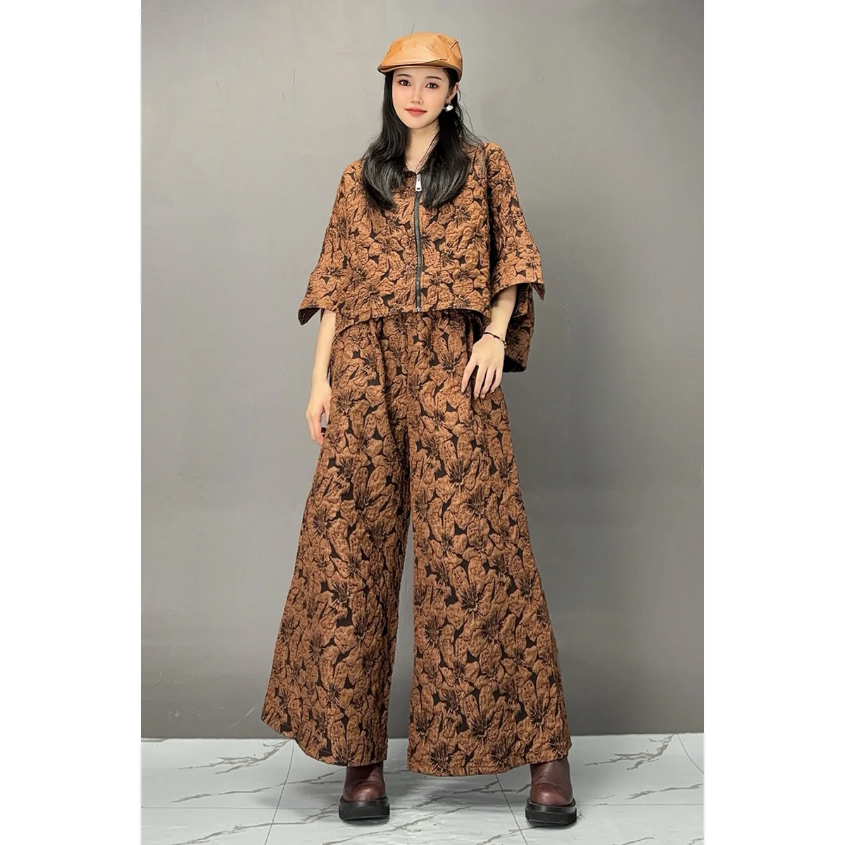 Vefadisa Dark Brown 2024 Autumn New Vintage Printed Women Matching Sets Lapel Long Sleeved Coat And Wide-leg Pants Suit ZXY1011A