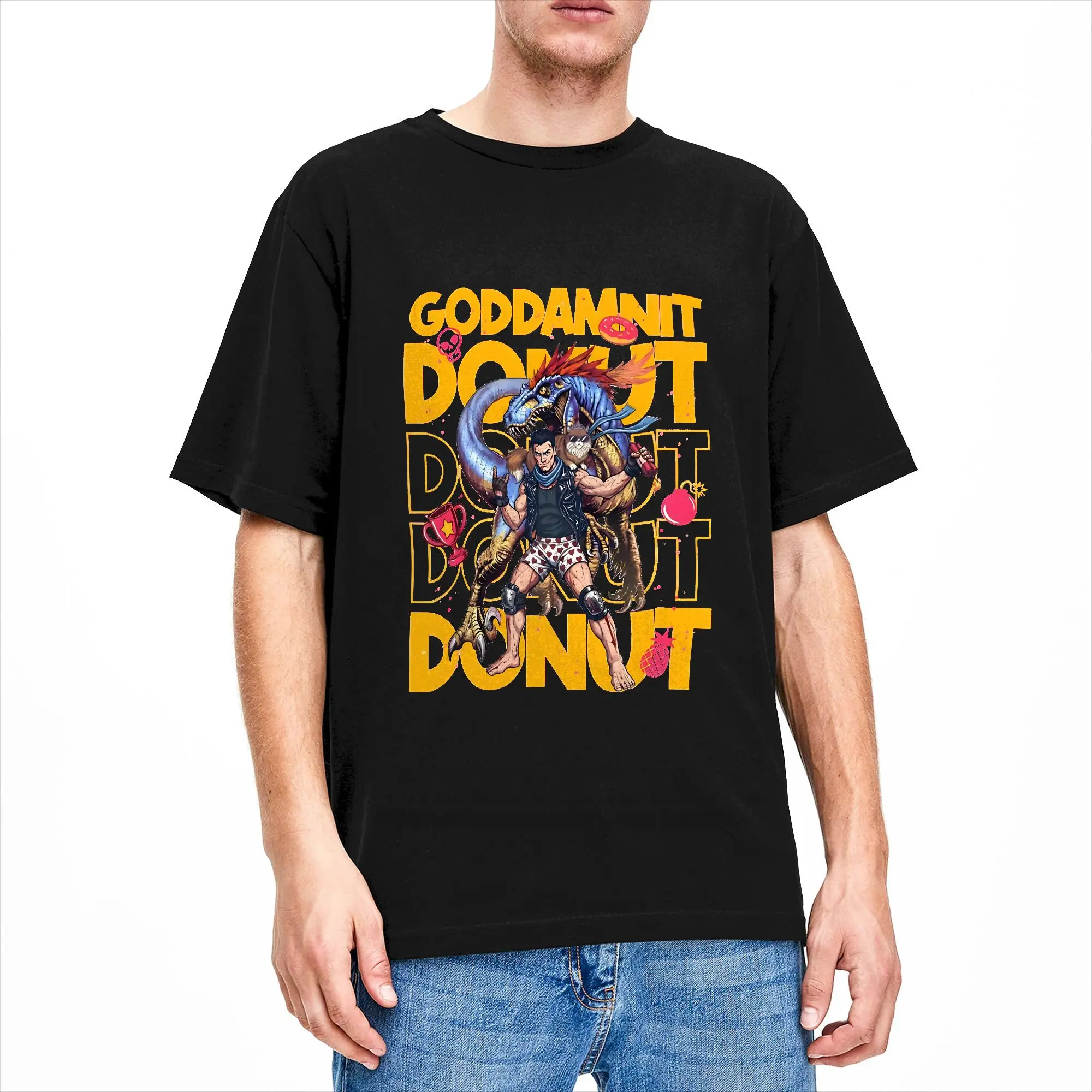 Vintage T Shirt Summer Dungeon Crawler Carl Goddamnit Donut T-Shirts  Cotton Tee Shirt for Men Y2K Basic Short Sleeve Top Tees