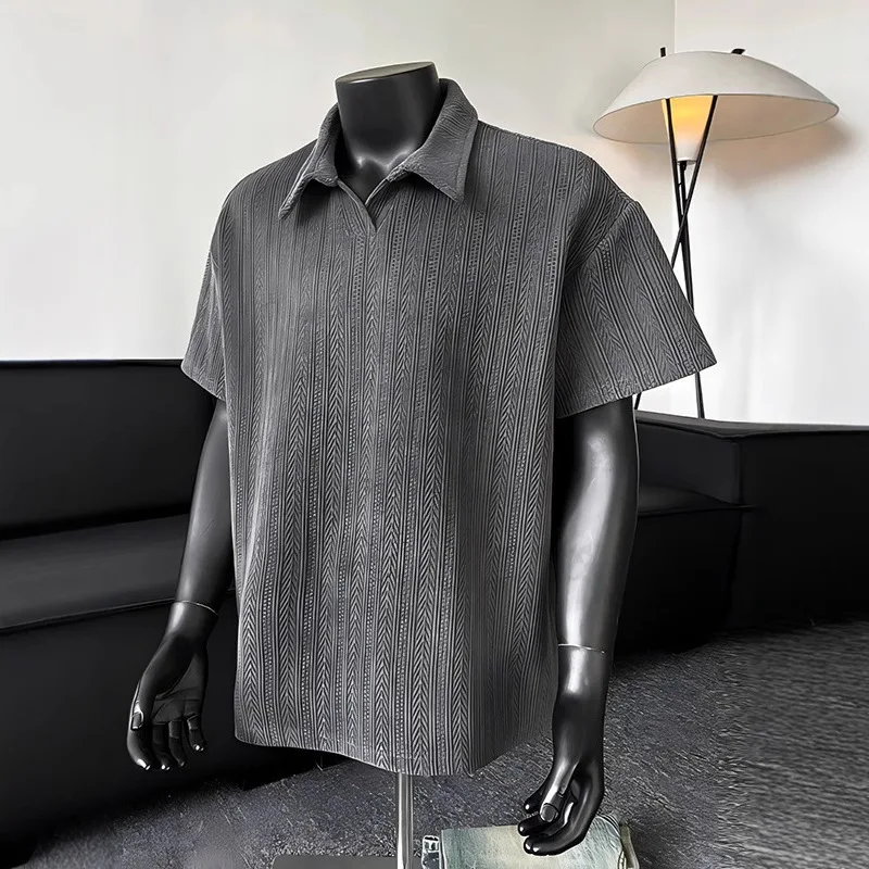 

Lapel Youth 2026 Large Size Gray Pattern Jacquard Polo Collar Short-sleeved Trendy Men's Summer Shirt Handsome Half-sleeve