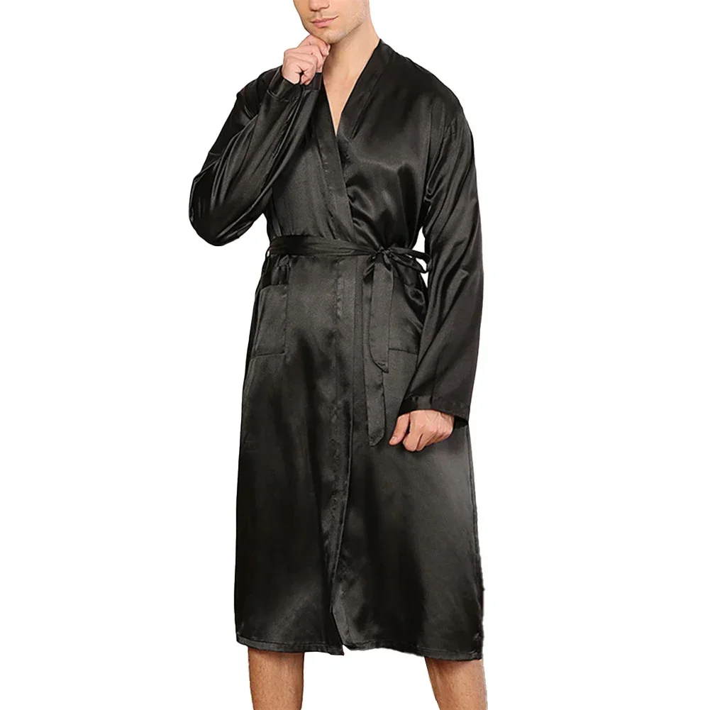 Sexy Men\'s Long Emulation Silk Satin Bathrobe Pajamas Long Sleeve Knee Length Kimono Robe Gown Man Sleepwear Nightwear Robes