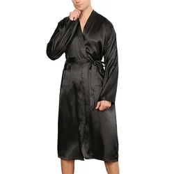 Sexy Men's Long Emulation Silk Satin Bathrobe Pajamas Long Sleeve Knee Length Kimono Robe Gown Man Sleepwear Nightwear Robes