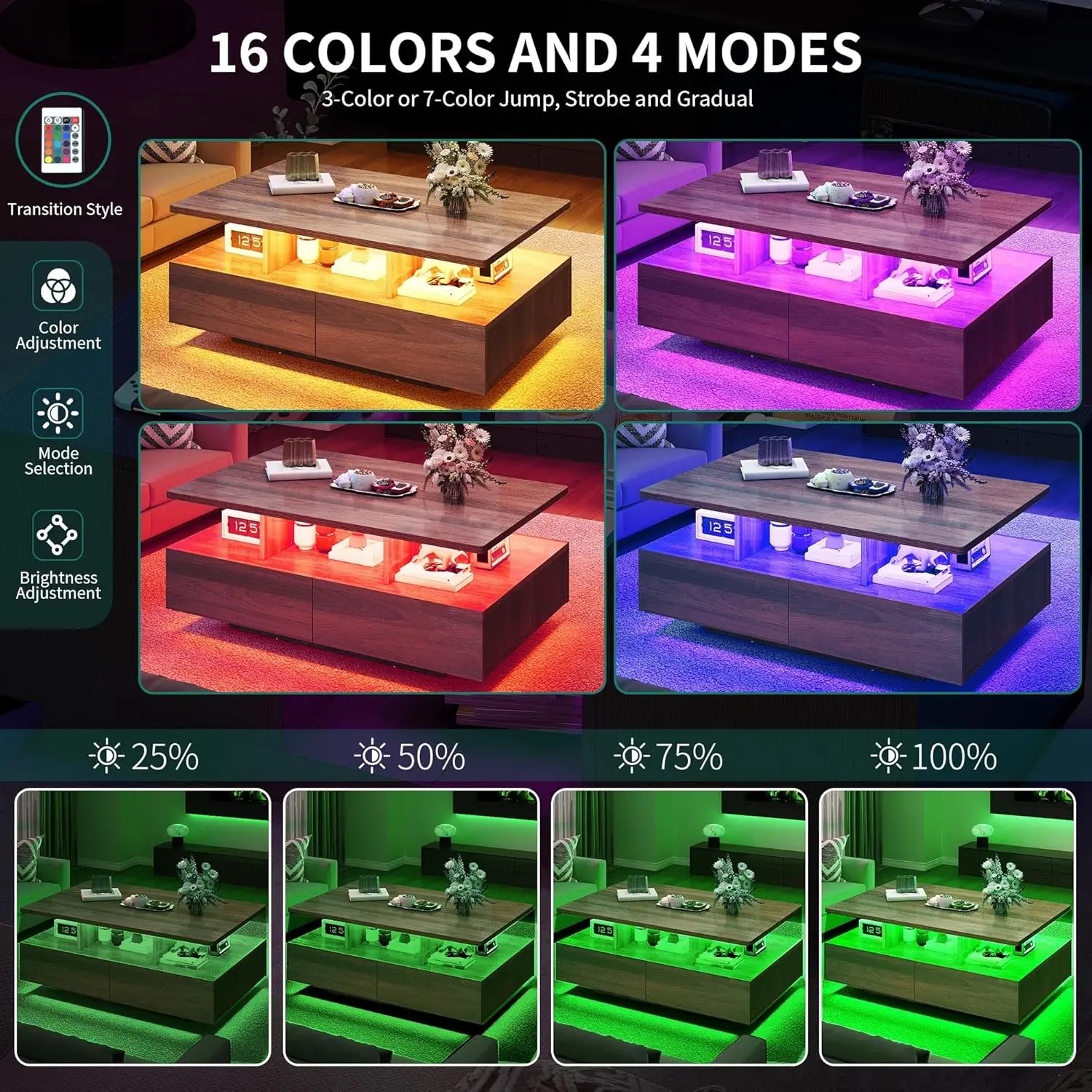 طاولات قهوة LED لغرفة المعيشة، طاولة قهوة للمزرعة مع 4 أدراج للتخزين وحجرة مفتوحة، مستطيل حديث