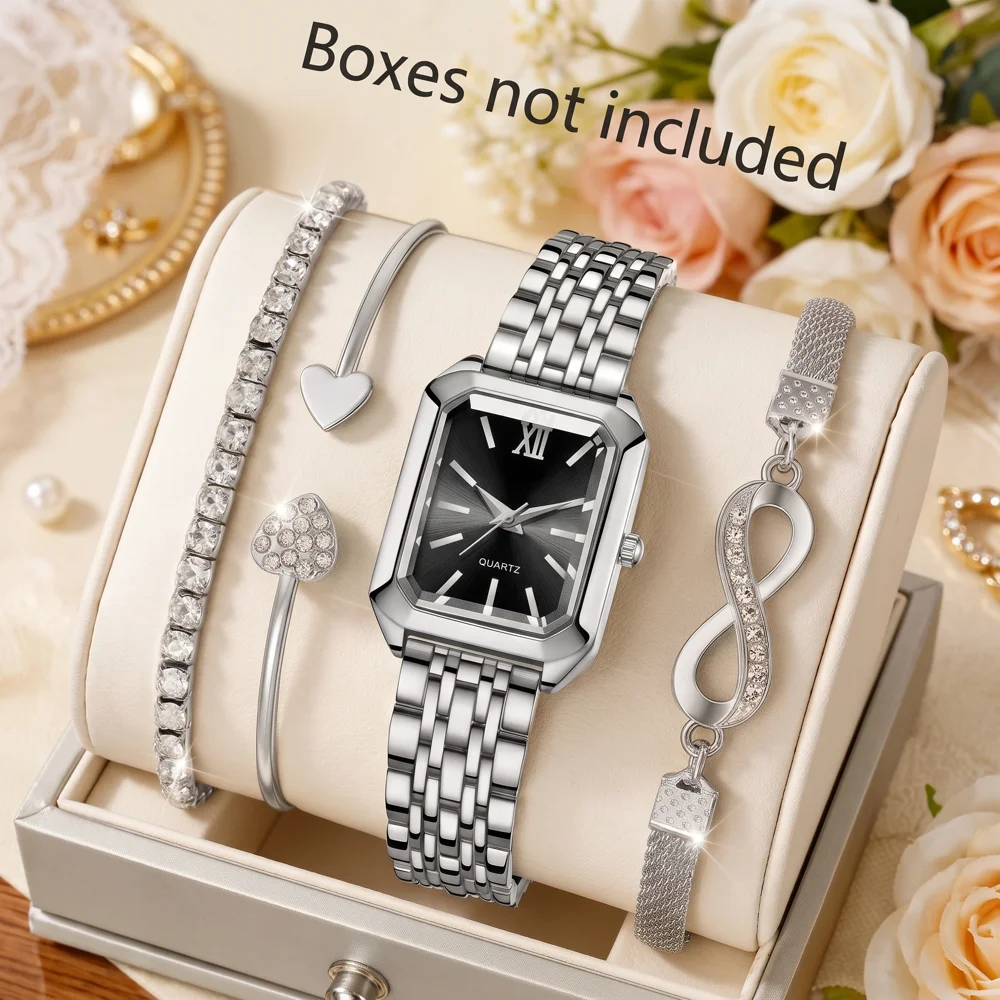 4Pcs/Set Unisex Jewelry Watches Women's Wristwatch Accessories Silver Black Trendy Fashionable Elegant Classic Exquisite Light Luxury Rhinestone Luxury Quartz Watch Set Y2K Suitable for Daily Outfits, Travel, Vacations, Parties, Perfect Holiday Gift