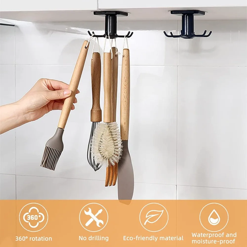 Under Cabinet Kitchen Utensil Hooks,360° Rotating Drilling Free Adhesive Utensils Hanging Rack for Tools/Towel/Knife