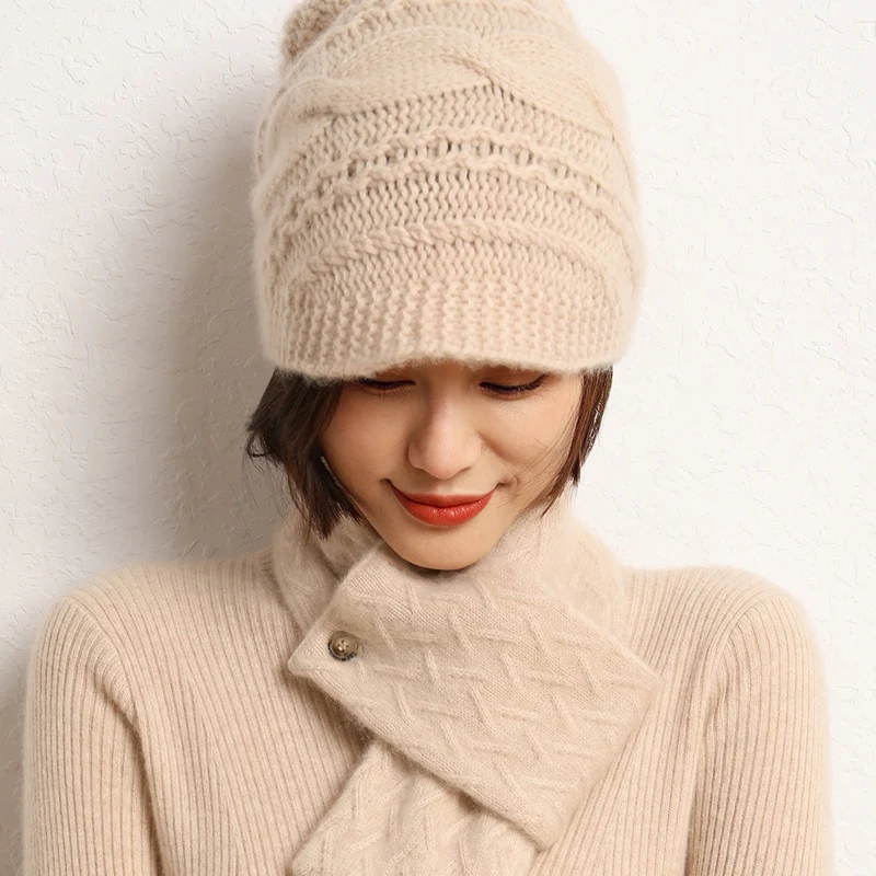 2022 Autumn Winter New Women Hats 100% Pure Cashmere Knitted Headgears Soft Warm Fashion Casual Thick Cap 3 Colors High Quanlity