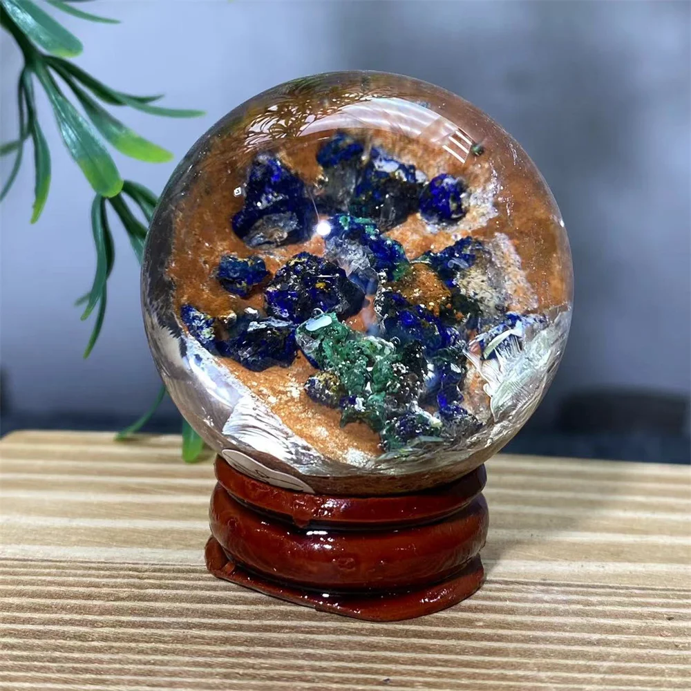 Azurite Quartz Ball Natural Stone Chalcopyrit Sphere Crystal Healing Room Decoration Holiday  Meditation Reiki Witchcraft+Stand - view 3
