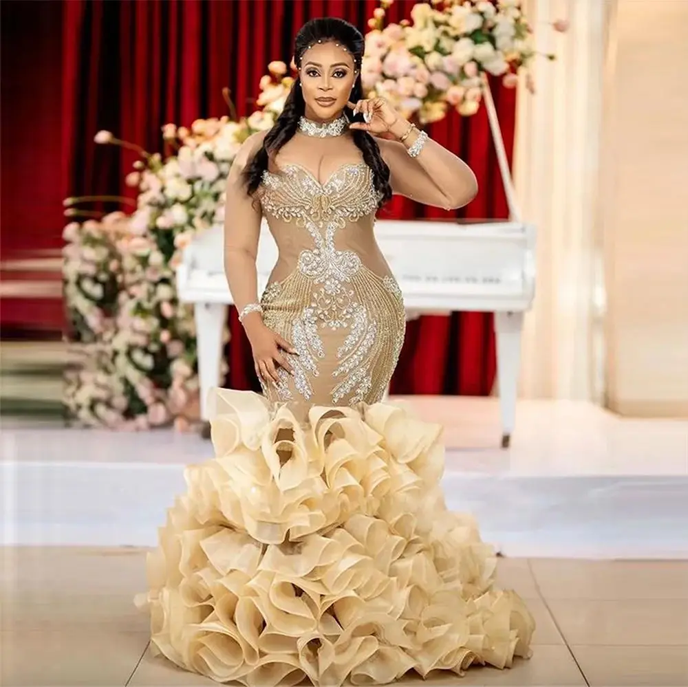 Customized Mermaid Wedding Dresses Cascading Ruffles Tiered Long High Full Sleeves Bridal Gowns Appliques Crystals Vestido
