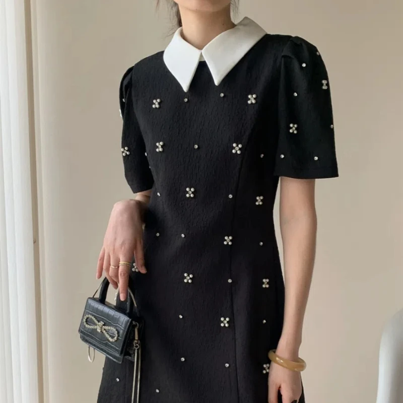 2024 French Embroidered Flares Summer Women's New Spliced POLO Neck Zipper Fashion Solid Color Slim Casual Short Sleeve Dresses