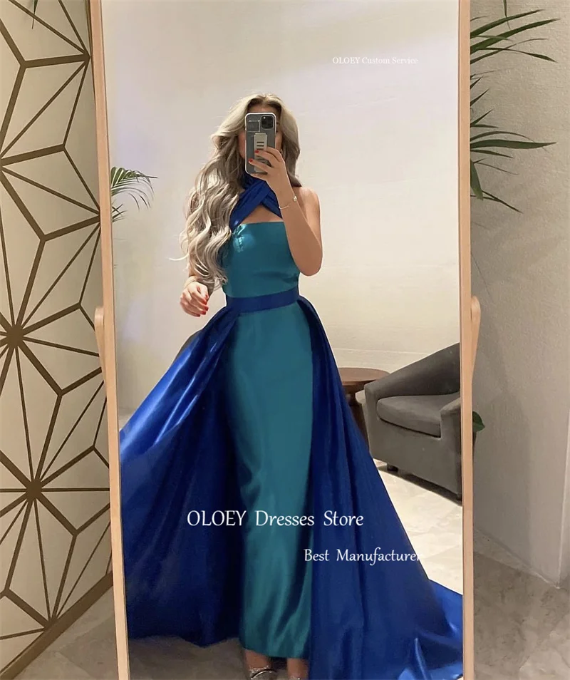 OLOEY Modern Blue Saudi Arabic Women Evening Dresses Detachable Train Halter Floor Length Prom Gowns Long Formal Party Simple