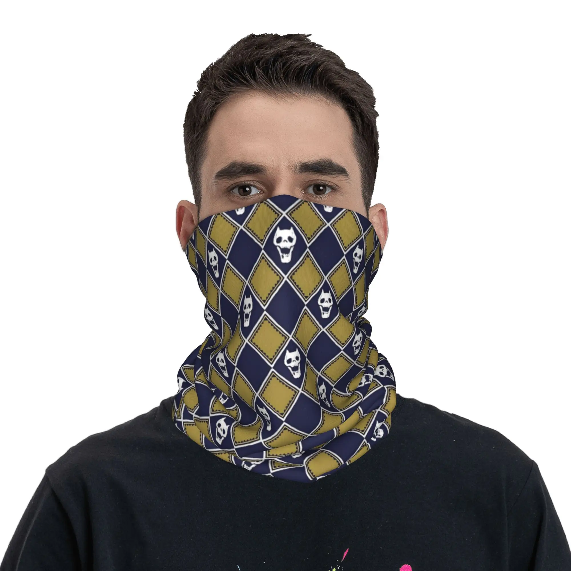 Custom JoJo Gold Blue Bandana Neck Gaiter Windproof Face Scarf Cover Women Men Yoshikage Kira Calavera Headwear Tube Balaclava view 4