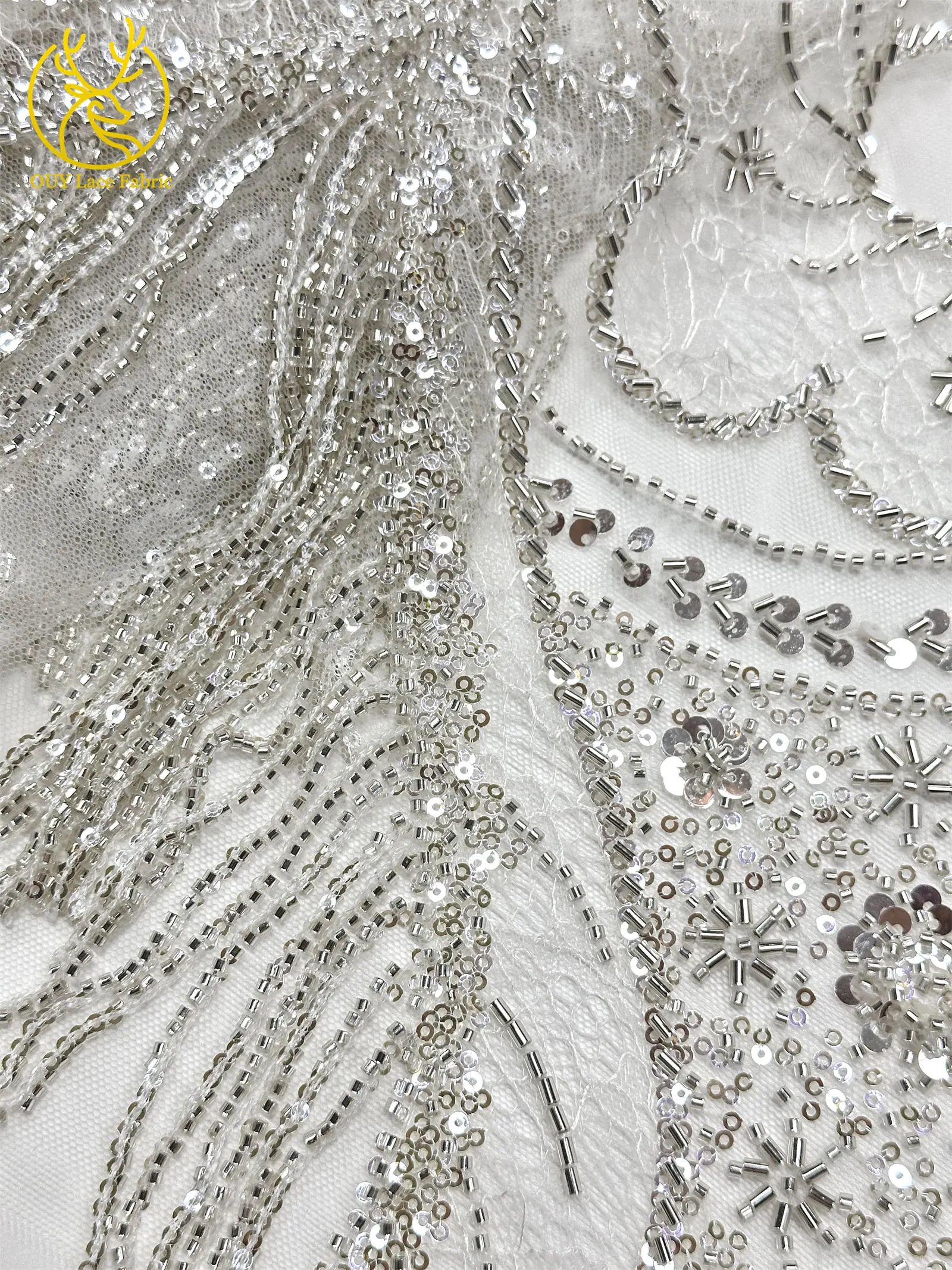 Goldene französische 3D-Laser-Quasten-Perlen-Spitze, luxuriöser afrikanischer Pailletten-Spitzenstoff, nigerianischer Mesh-Spitzenstoff für Damen-Hochzeiten – Detail 25