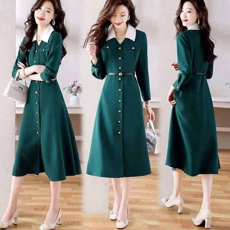 

Women's Clothing Spring Autumn Long Sleeved Dress 2023 New Korean Fashion Elegant Retro Temperament Slim Mid Length Skirt