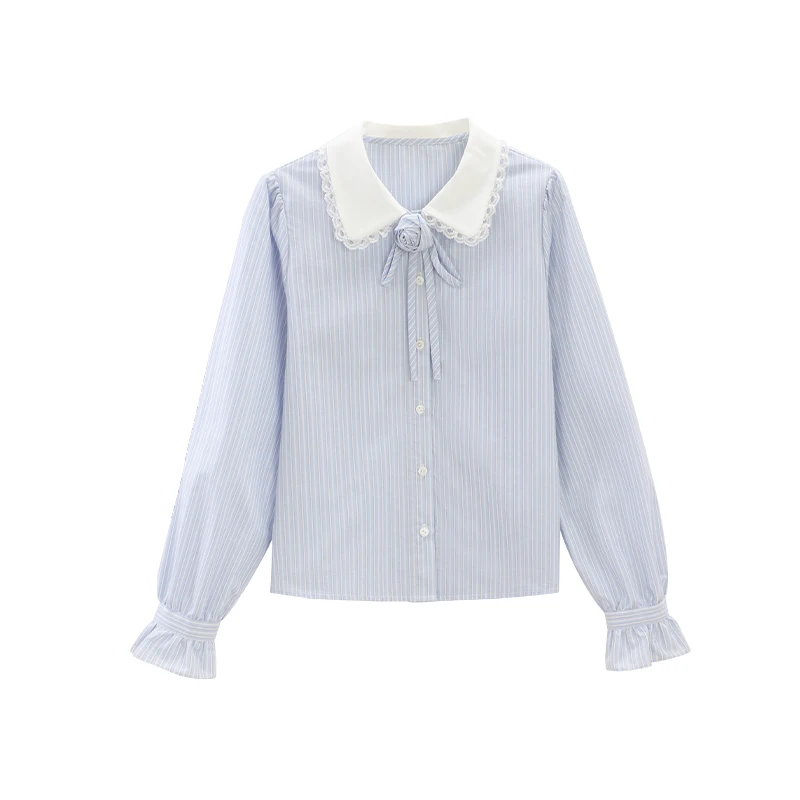 ALXNAN Blue Striped Long Sleeve Shirt Lace Trimmed Lapel Flared Cuffs Cotton Office Lady Blouses 2025 Fall Female Tops L57113