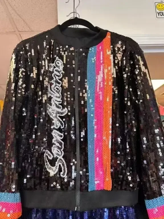 Autumn High Quality Streetwear Bling Sequined Long Sleeve Digit Round Neck Loose Jacket Women Hip Hop Straight Coats