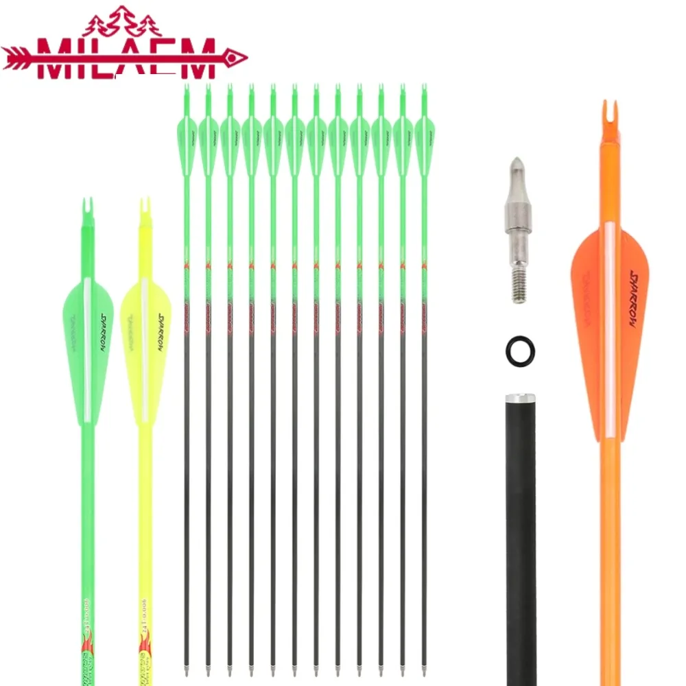 

12pcs Archery Pure Carbon Arrows ID 6.2mm Spine 300-600 with 3inch Feather for Compound/Recuvre Bow Shooting Hunting Accessories