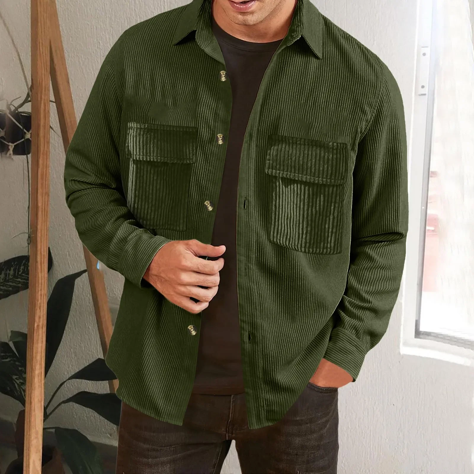 Men\'s Corduroy Shirt Fashion Vintage Long Sleeve Simple Casual Jackets Coat Solid Color Thick Cargo Shirt Male Shacket