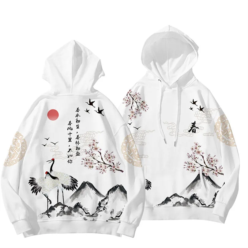 Ukiyo-e-Sudadera con capucha para hombre y mujer, suéter informal con estampado de grulla ondulada Kanagawa, estilo Hip Hop y Harajuku