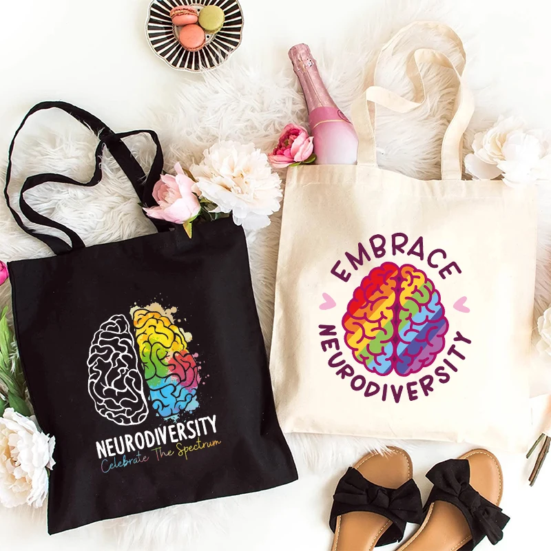 Women Canvas Tote Bags Neurodiversity Autism Awareness Shoulder Shopping Bag Harajuku Female Large Capacity Reusable Handbag