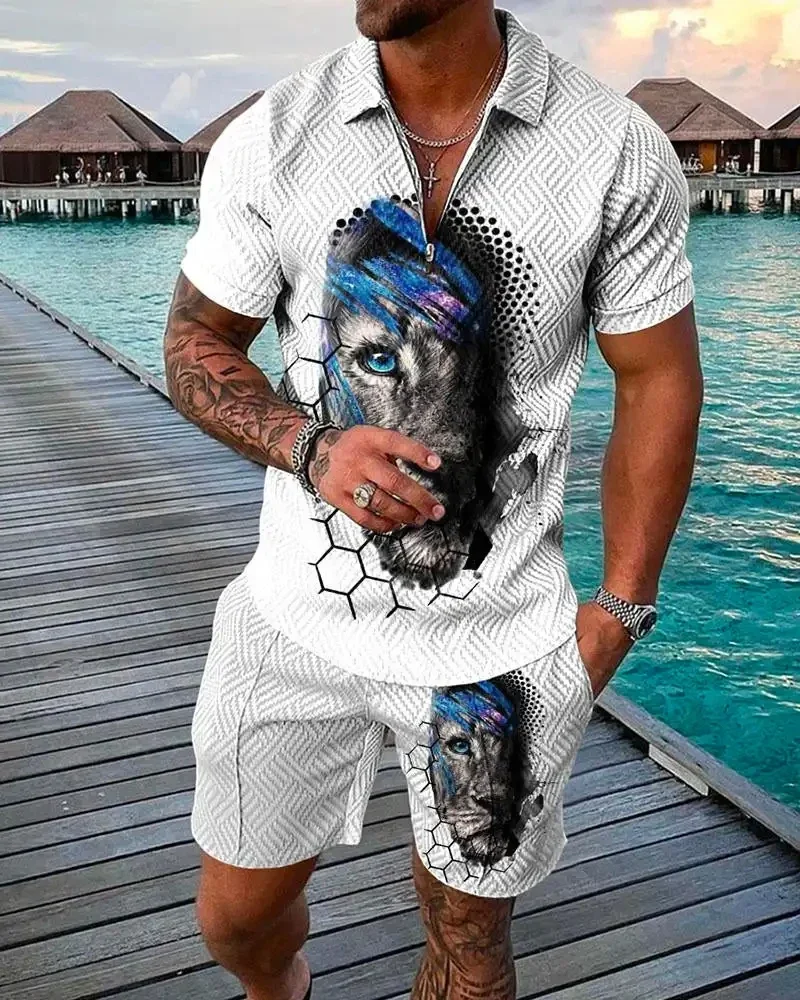 Tigre grande e gato padrão camisa polo masculina, impressão 3D, camisa com zíper, manga curta, shorts, tendência, terno de rua, verão