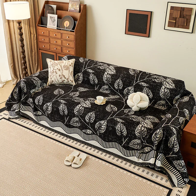 Black Chenille Slipcover Retro Leaf Anti Cat Scratch Furniture Protector Bedspread Couch Towel Full Cover Blanket 3 Set