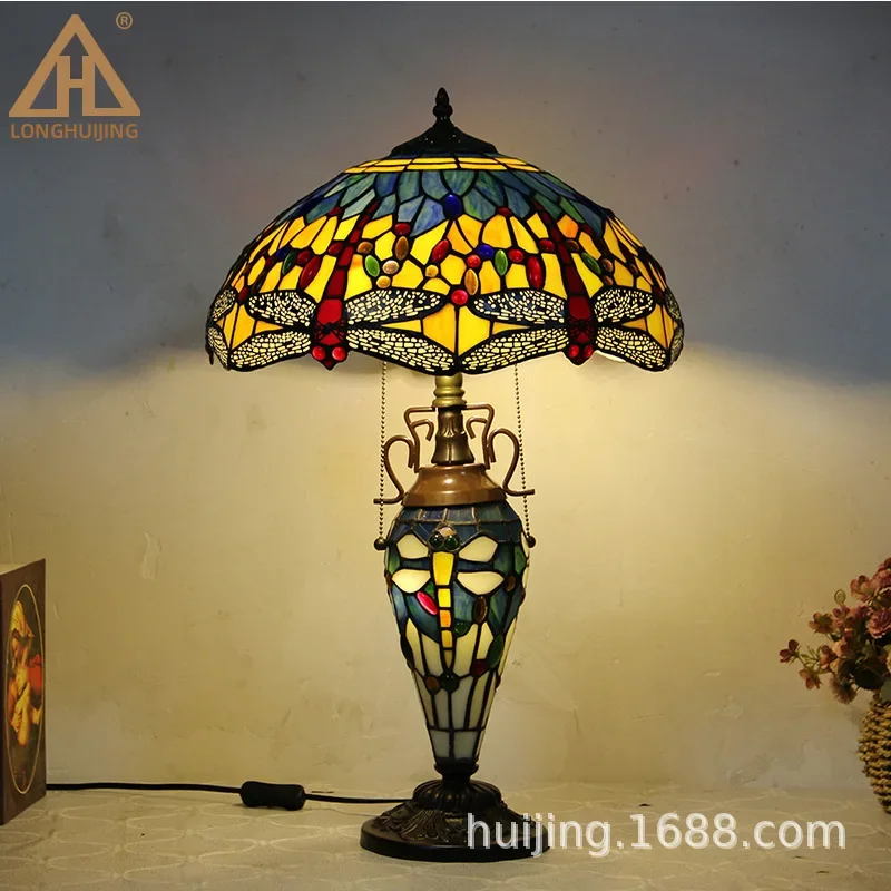 TIFFANY HuiJing Tiffany Style Table Lamp Banker Base With Red Dragonfly Stained Glass Lampshade Elegant Vintage Light Decor