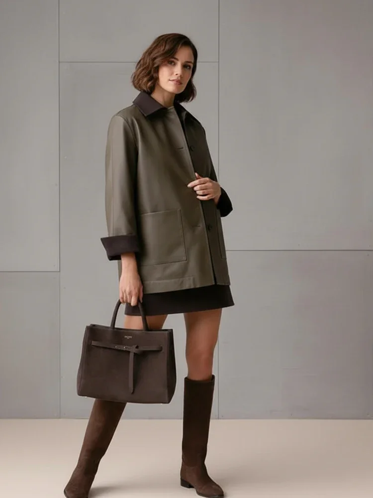 جاكيت جلدي أنيق بياقة للنساء، سترة كاجوال بأكمام كاملة وأزرار أمامية، فضفاضة مع جيوب، ملابس خارجية عصرية للسيدات 2026