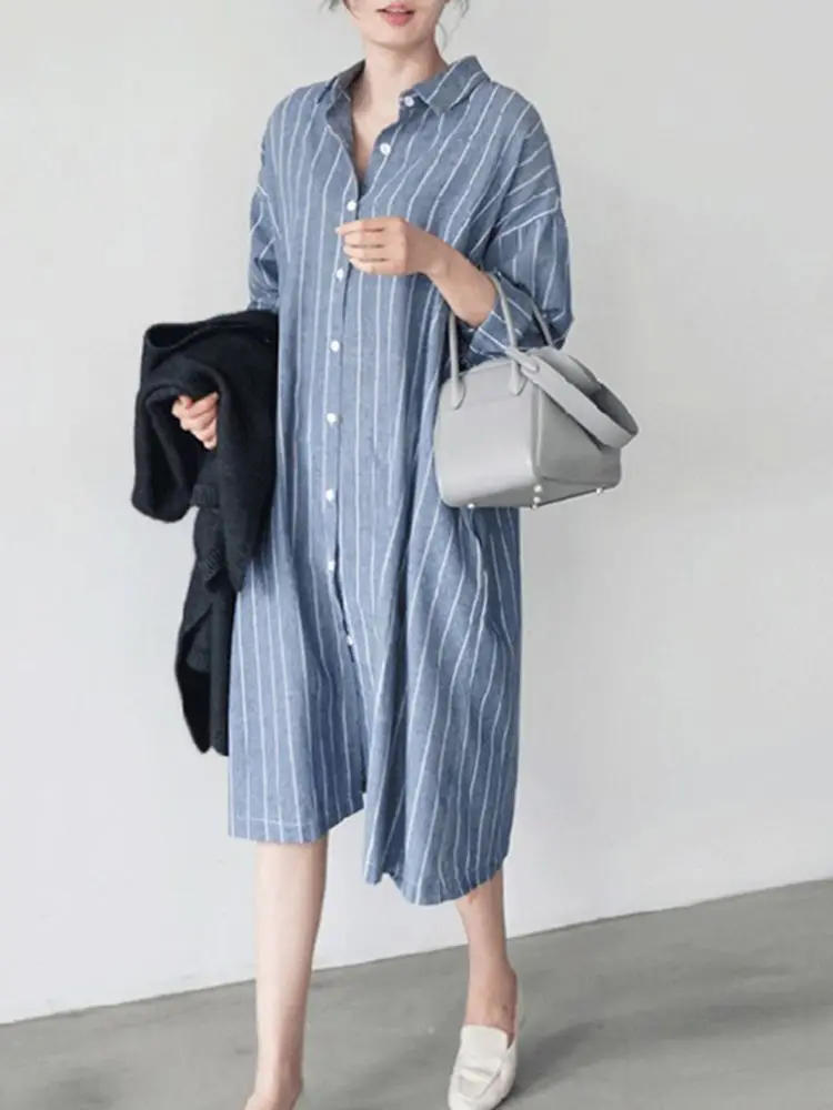 Autumn Sundress ZANZEA Elegant Shirt Dress Women Lapel Neck Long Sleeve Stripe Sundress Work Vestidos Robe Femme Holiday Kaftan